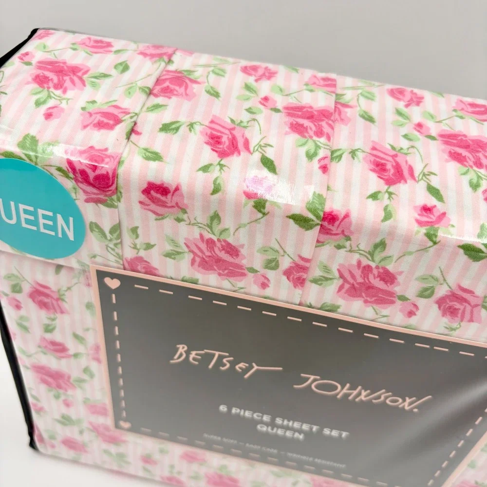 Betsey Johnson Queen‎ Sheet Set 6 Piece Flower Fun Pink Rose Striped Microfiber